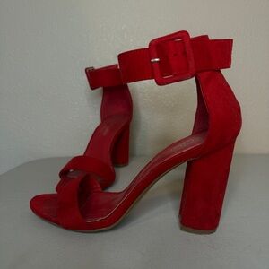 Elegant Red Suede Block Heel Sandals